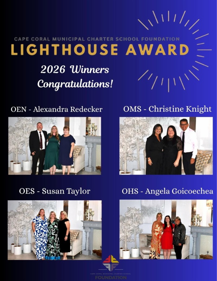 Official Cape Coral flyer naming the four 2026 Lighthouse Award-winning Oasis Charter Schools teachers