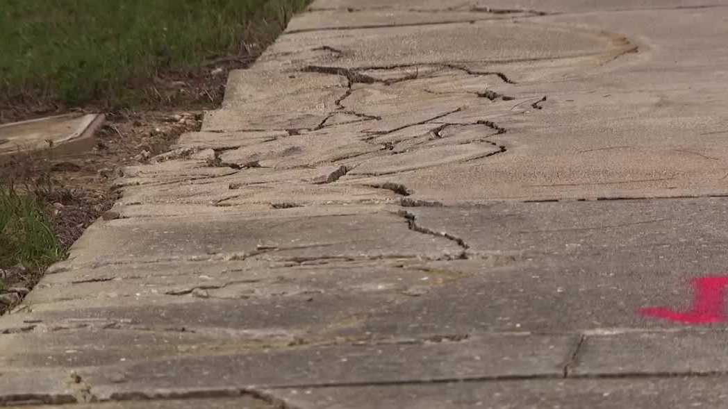 Damaged Stringfellow Road sidewalk shown in the Gulf Coast News report