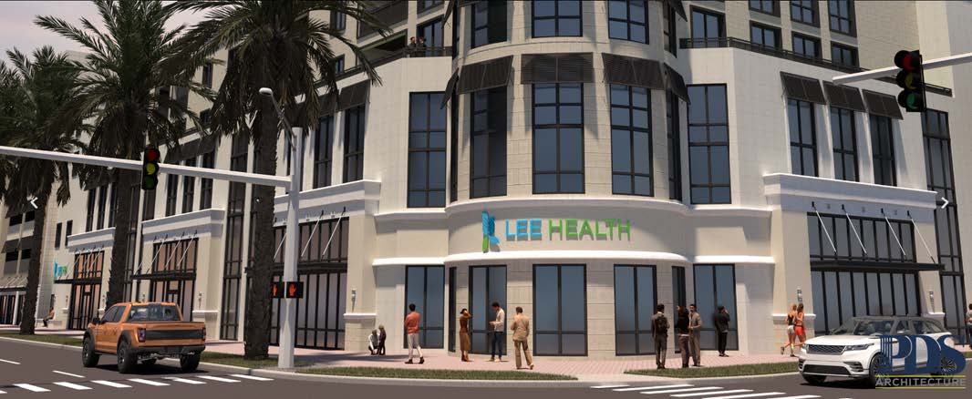 Lee Health outpatient entrance concept. The rendering shows Lee Health’s ground-floor corner entrance beneath the residential floors at a palm-lined intersection.