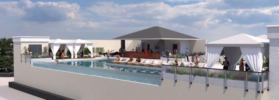 Rooftop pool and cabana concept. This amenity rendering shows a glass-edged rooftop pool, sun deck, shaded bar pavilion and white cabanas.