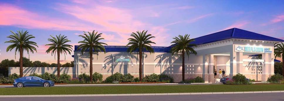 Bimini Basin Seafood building concept. The streetside rendering shows the low waterfront restaurant building with palms, a covered entrance and blue roof accents.