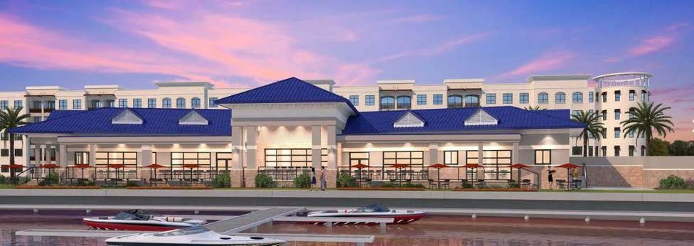 Restaurant and dock frontage concept. The water-level view shows outdoor dining along the basin with the residential building rising behind it and boats at the docks.
