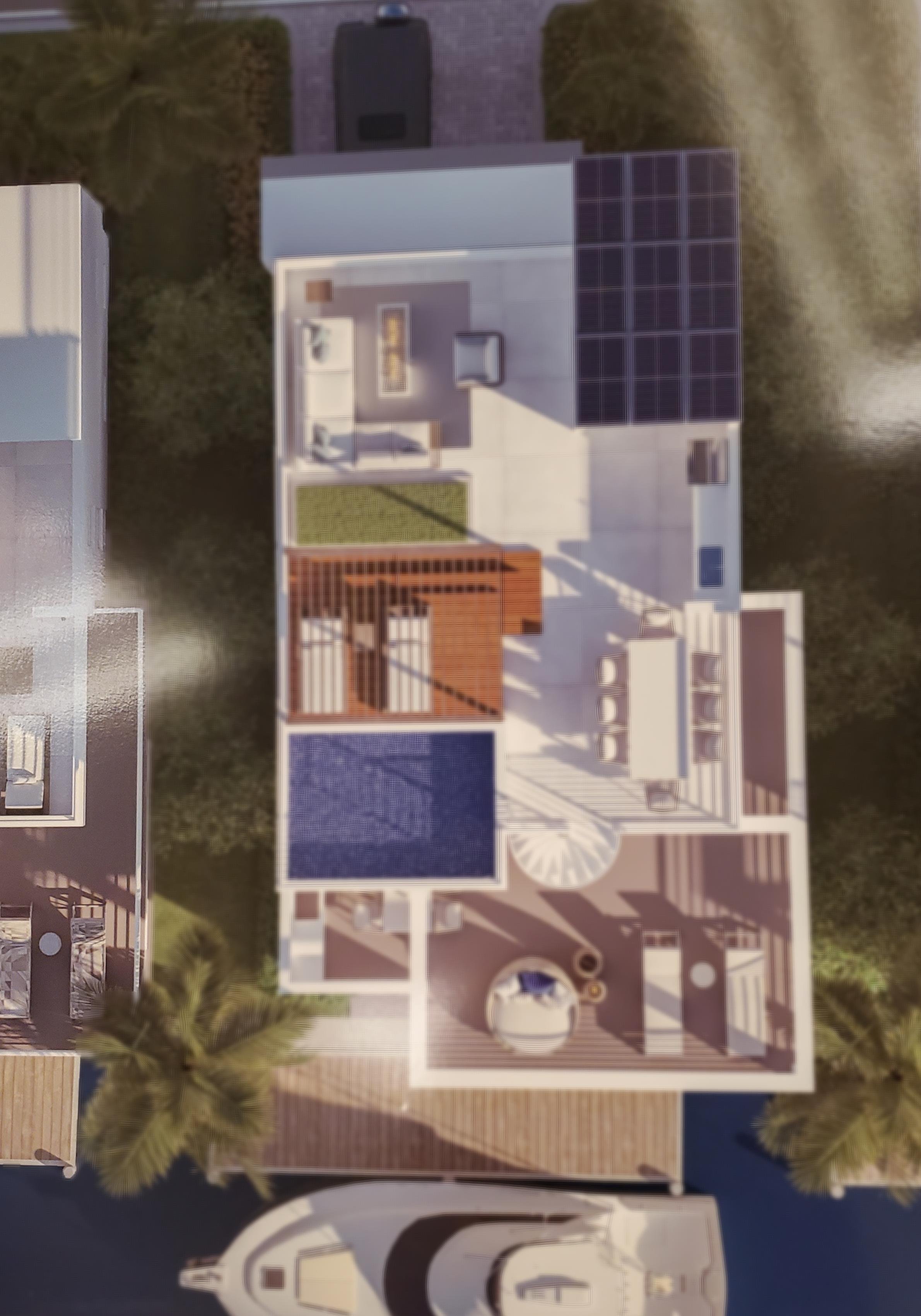 Waterfront residence and dock plan. This top-down concept shows a private residence layout beside the canal, including outdoor living areas, a pool or water feature and a boat moored at the dock.