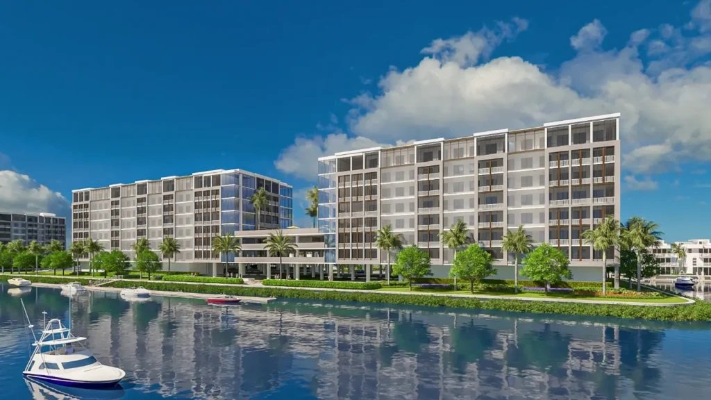 Residences viewed from the canal. The canal-level scene shows mid-rise waterfront buildings, docks, landscaping and a powerboat passing the proposed development.
