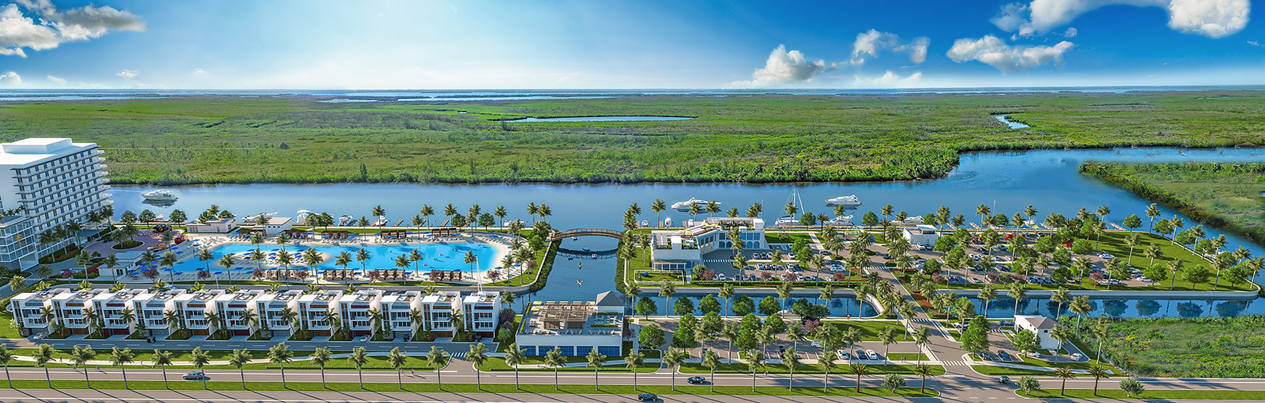 Full resort, marina and lagoon panorama. This wide master-plan view places waterfront homes, a central lagoon, marina basins and larger resort buildings between the existing neighborhood and preserved land.