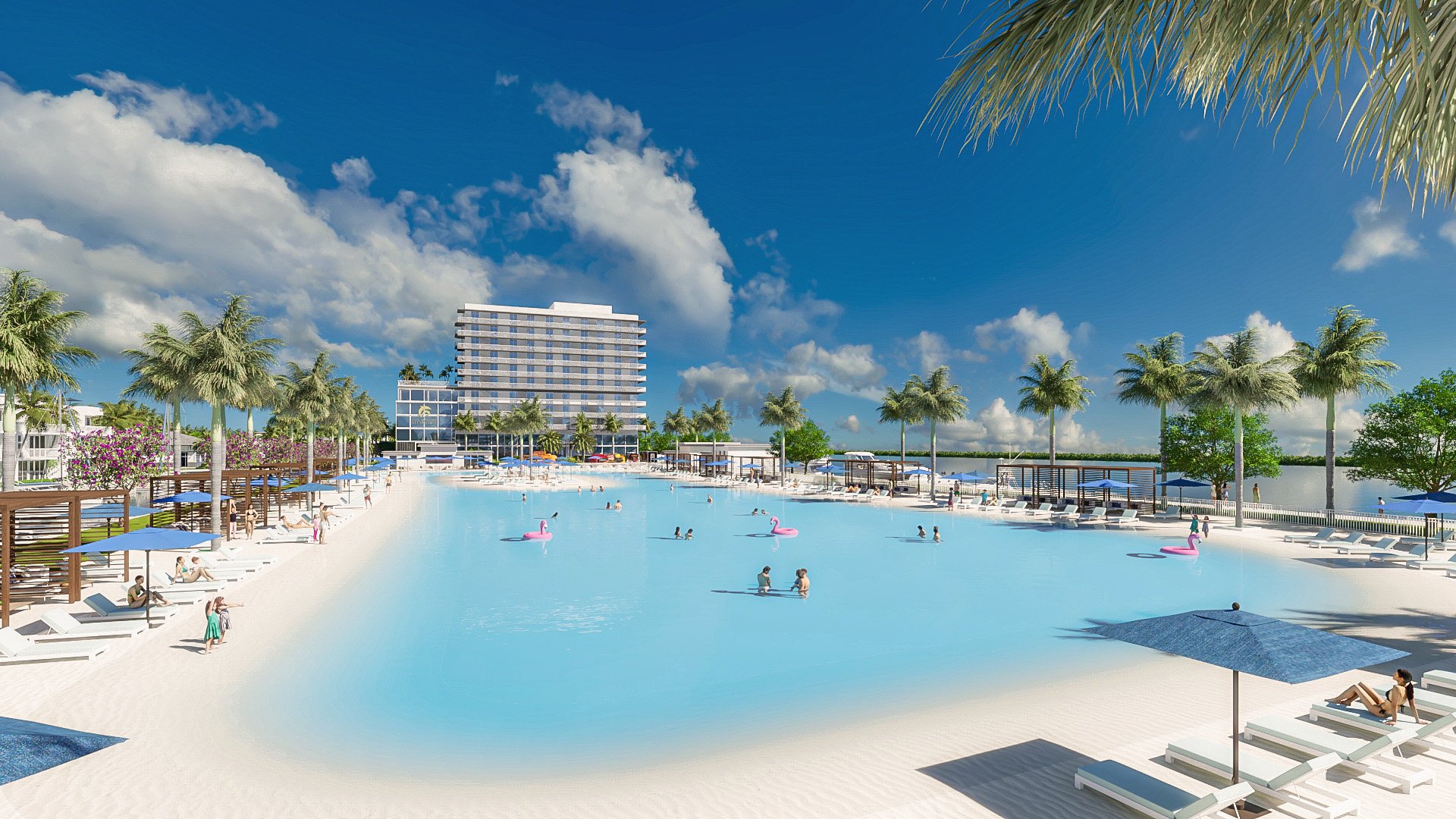 Lagoon beach and recreation concept. The ground-level view shows the lagoon’s sandy recreation edge, paddle activities, palm landscaping and a tower overlooking the water.