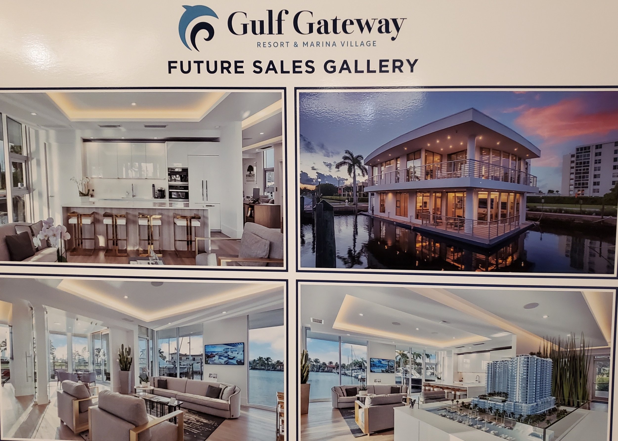 Future Gulf Gateway sales gallery concept board. The board combines exterior and interior concepts for a future sales gallery, including a waterfront building, reception space, furnished living area and presentation room.