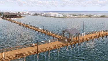 Rebuilt fishing pier — northeast view. This City rendering shows the proposed T-shaped fishing deck, two shade pavilions, railings and the long connection back to Yacht Club Community Park.