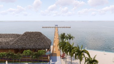 Rebuilt fishing pier — view from the park. This City rendering looks from the shoreline toward the proposed pier, with a straight accessible approach leading to the wider fishing platform over the river.