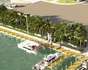 Marina and dock concept. This overhead rendering shows the proposed marina edge with new slips, boats, walkways, lighting and landscaped separation from the parking area.