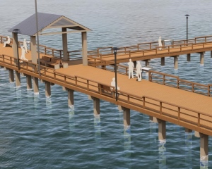 Fishing-pier deck and pavilion concept. The pier rendering shows a wide deck, railings, lighting and a roofed pavilion extending over the Caloosahatchee River.